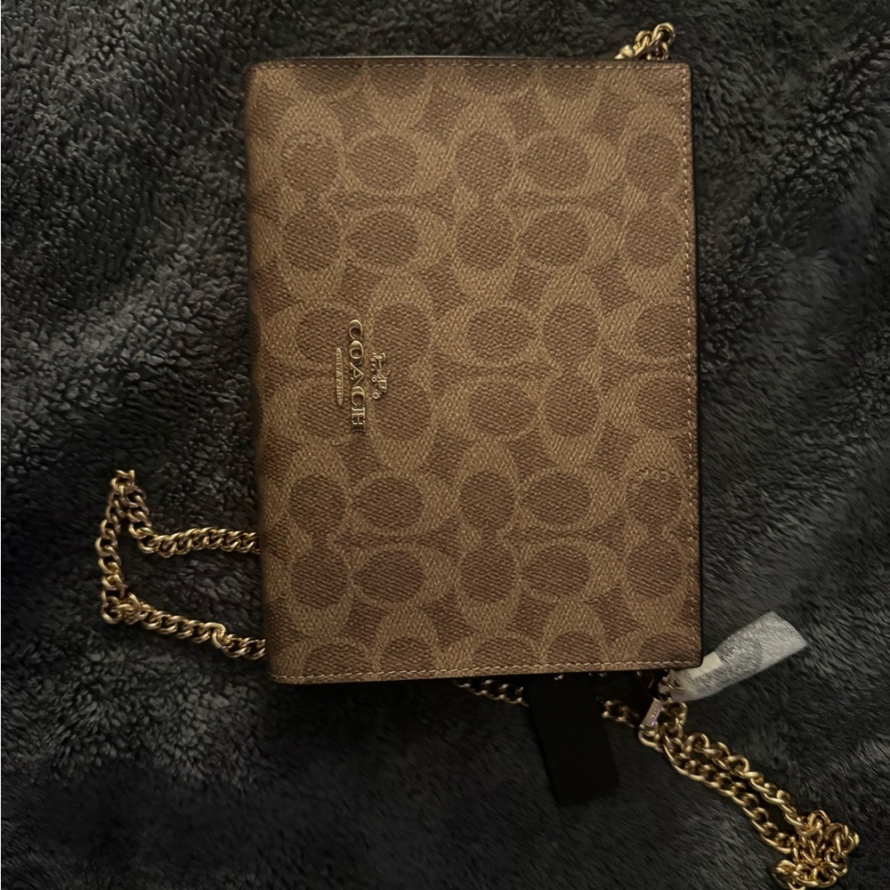 Coach Black and Tan Crossbody Bag with Gold Chain